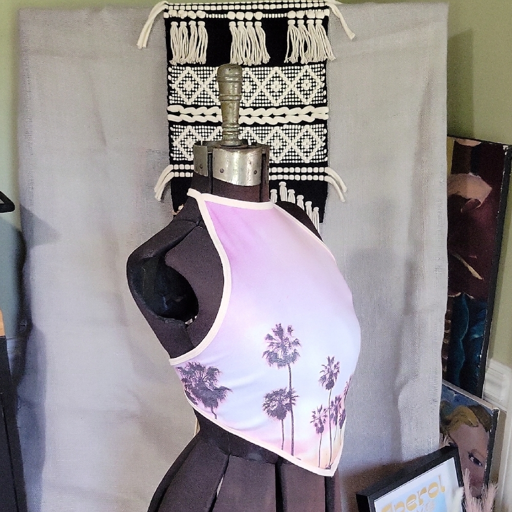 NWOT GARAGE Pink & Purple Palm Tree Halter Top